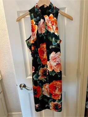 Black Halo Black Midi Dress with Orange, Pink & Green Floral Print